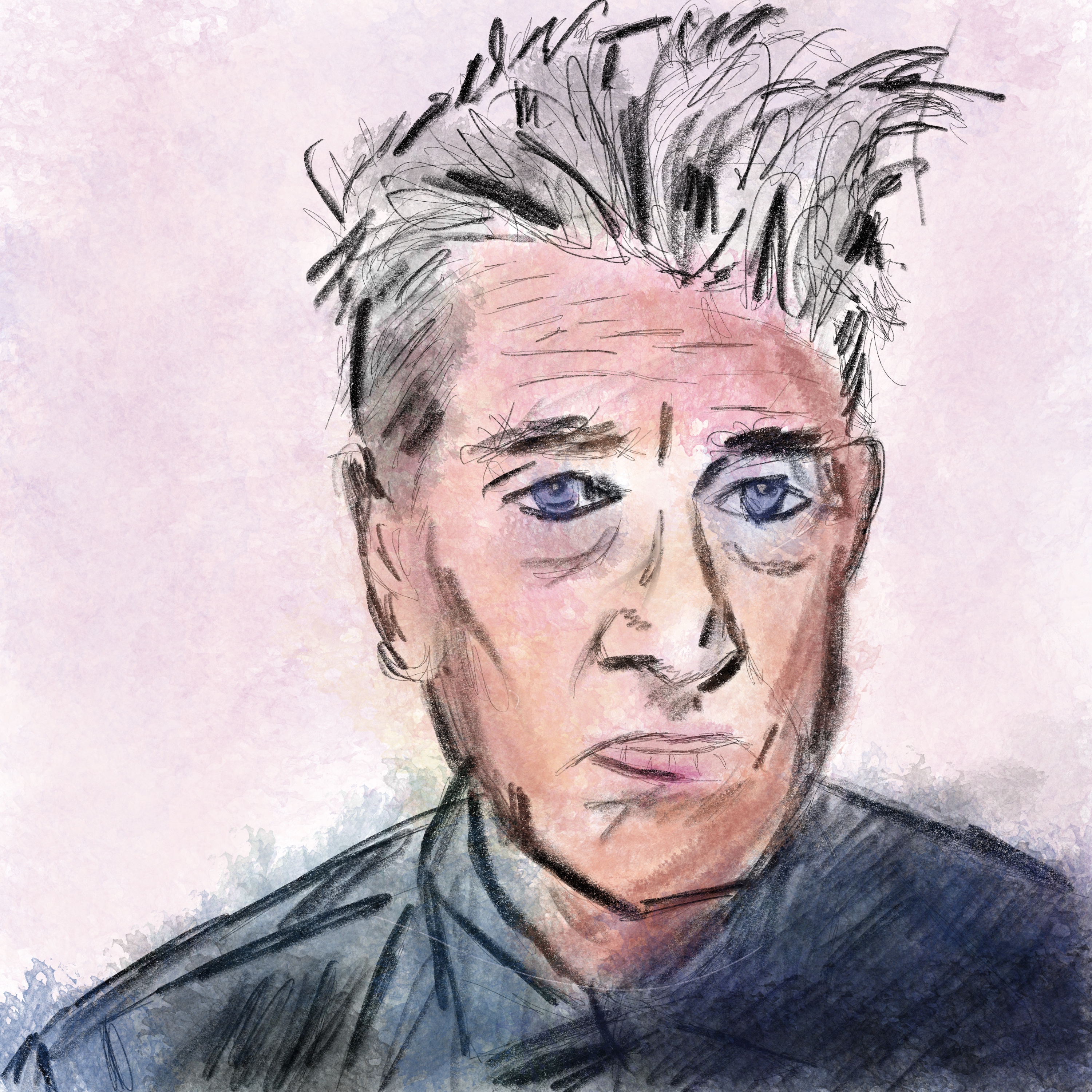 A portrait of the writer, director, painter, transcendental meditation practitioner David Lynch. The material is watercolor and pencils.