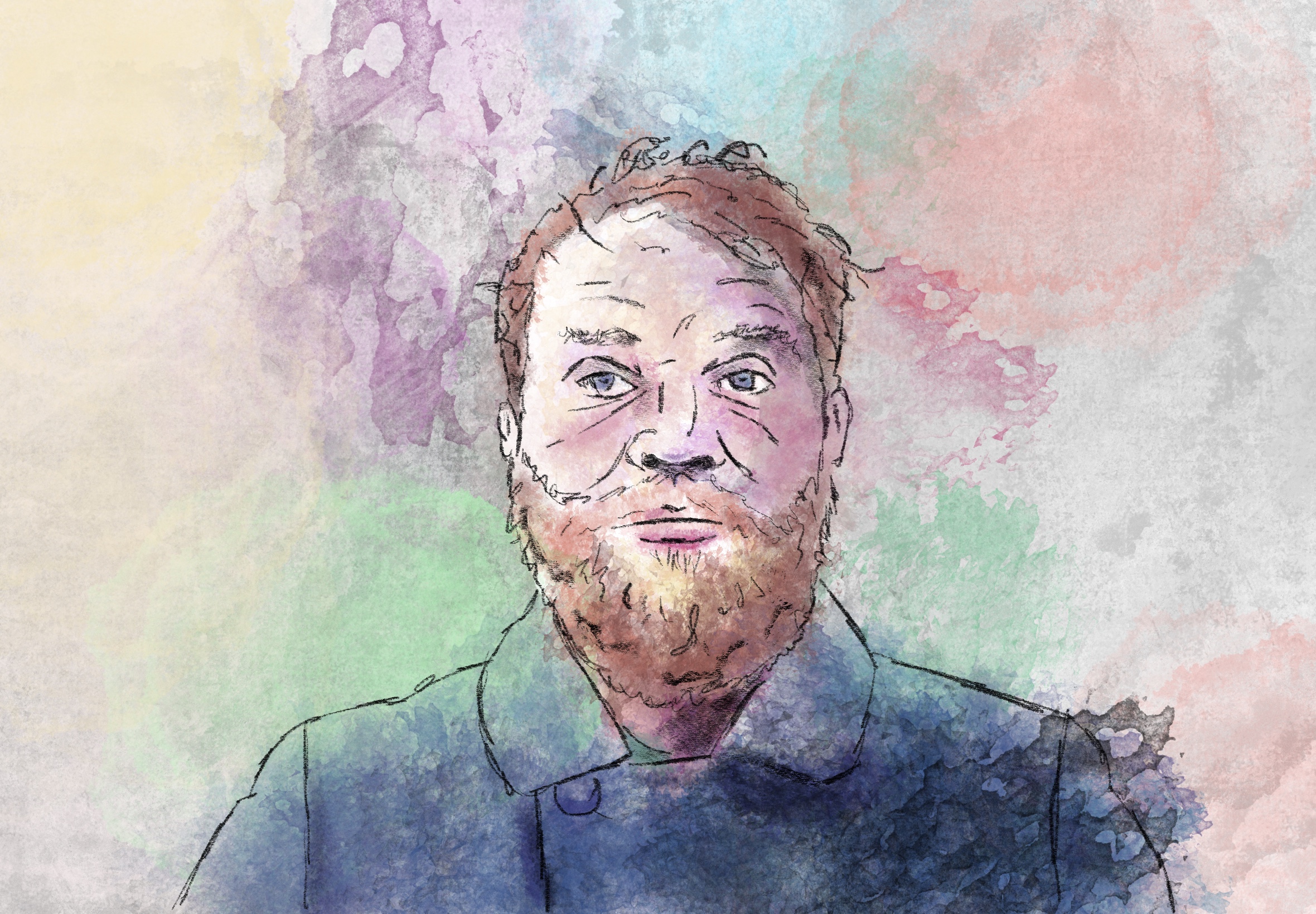 A portrait of Scott Hutchison from the band Frightened Rabbits. The material is watercolor and pencils.